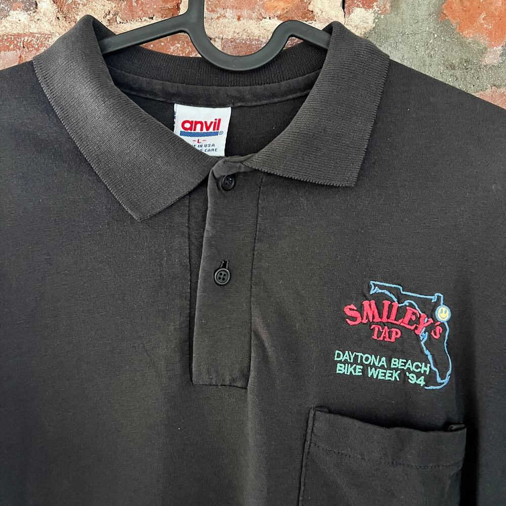 VTG Daytona Harley Bike Week '94 Smiley's Tap Black Polo Shirt L 20x30